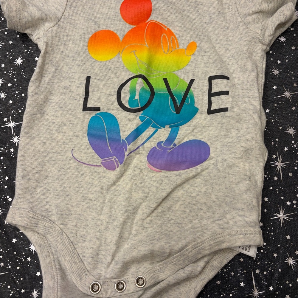 Disney Gray One-Piece Bodysuit with Rainbow Mickey 'LOVE' Graphic